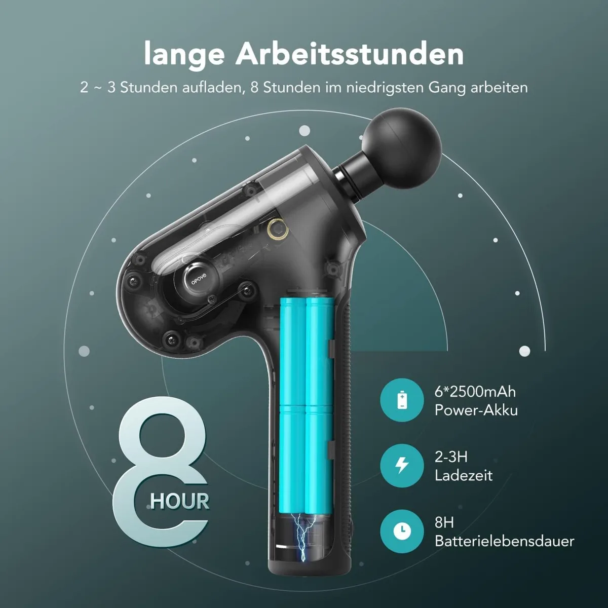 Akku der Opove Apex mit 6 Zellen zu 2500 mAh, Ladezeit und Laufzeit