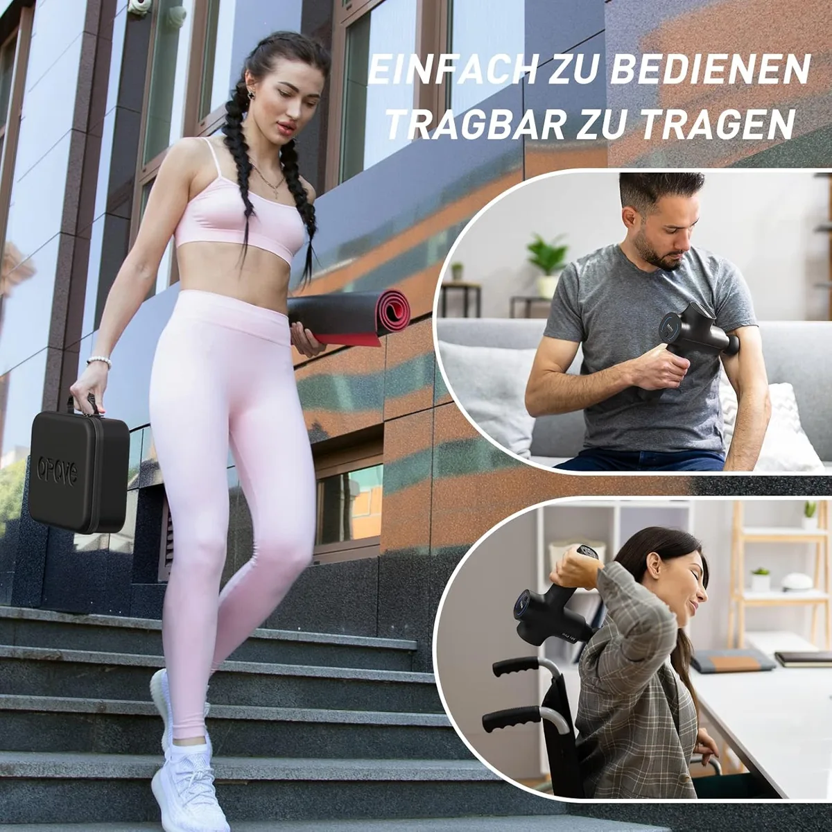 Opove Massagepistole im Alltag: unterwegs zum Training und bei der Anwendung an Arm und Nacken