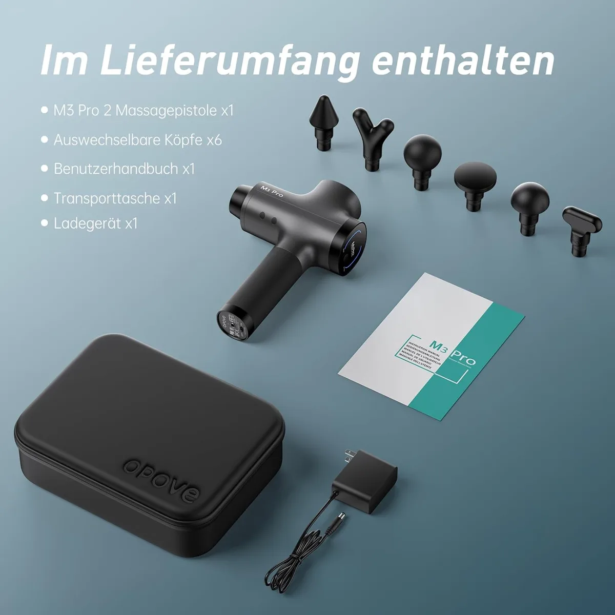 Lieferumfang der Opove M3 Pro 2: Massagepistole, sechs Köpfe, Benutzerhandbuch, Transporttasche und Ladegerät