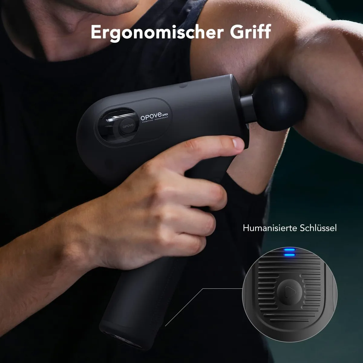 Opove Apex in der Hand am Oberarm, mit geneigtem Griff und Stufenknopf