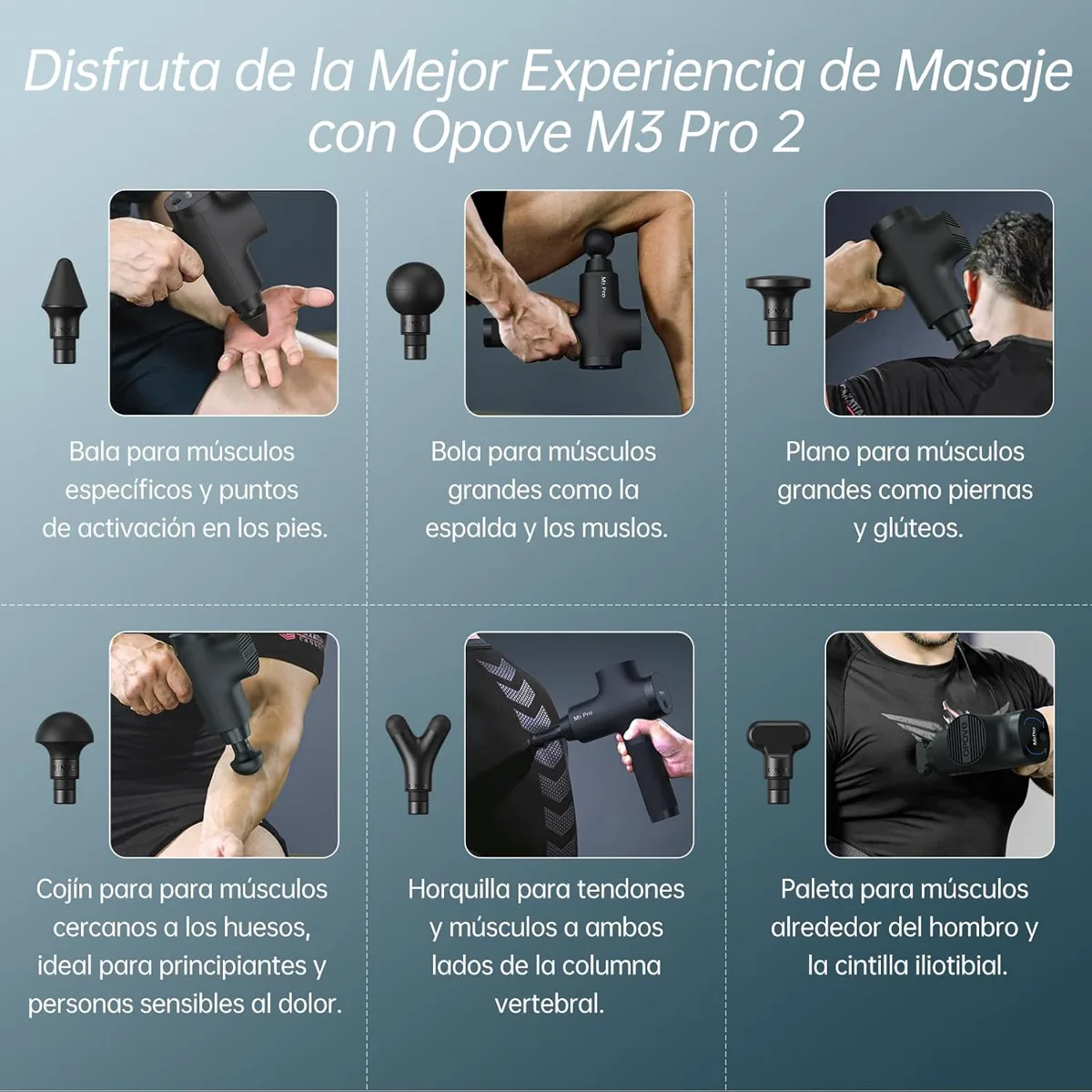 Los seis cabezales de la Opove M3 Pro 2 con el uso recomendado de cada uno