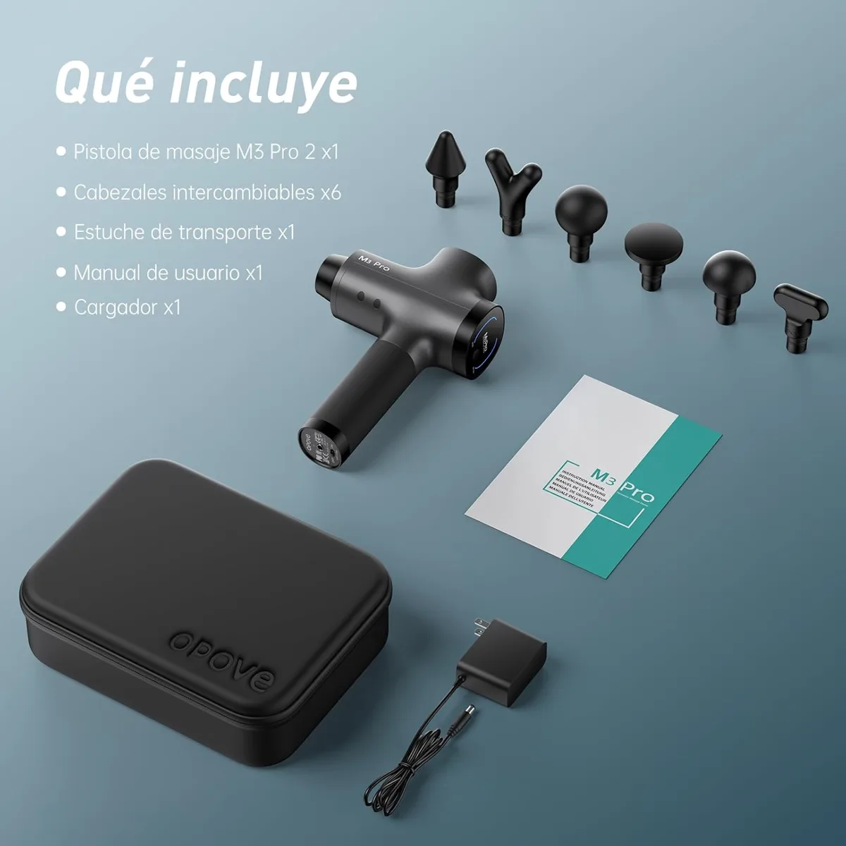 Contenido del pack de la Opove M3 Pro 2: pistola de masaje, seis cabezales, manual, estuche de transporte y cargador