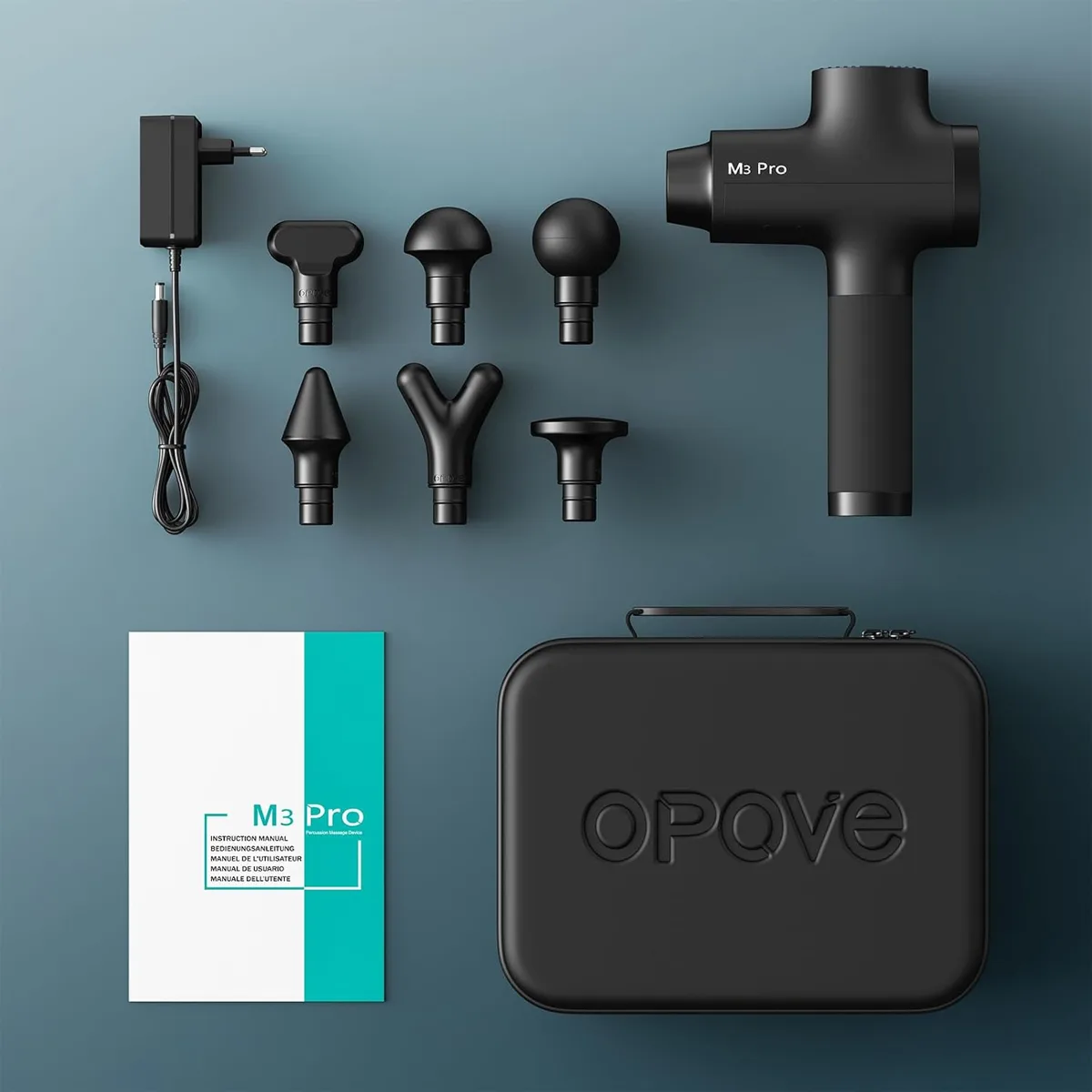 Opove M3 Pro 2 negra con seis cabezales, manual, cargador y maleta de transporte