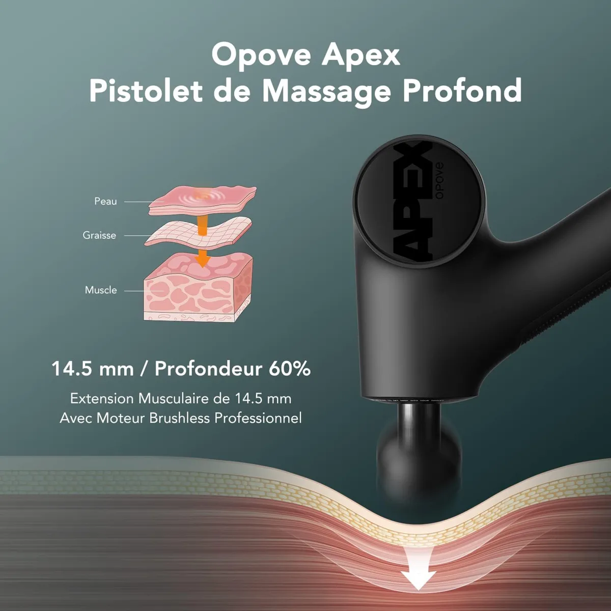 Opove Apex avec 14,5 mm d'amplitude et profondeur de massage