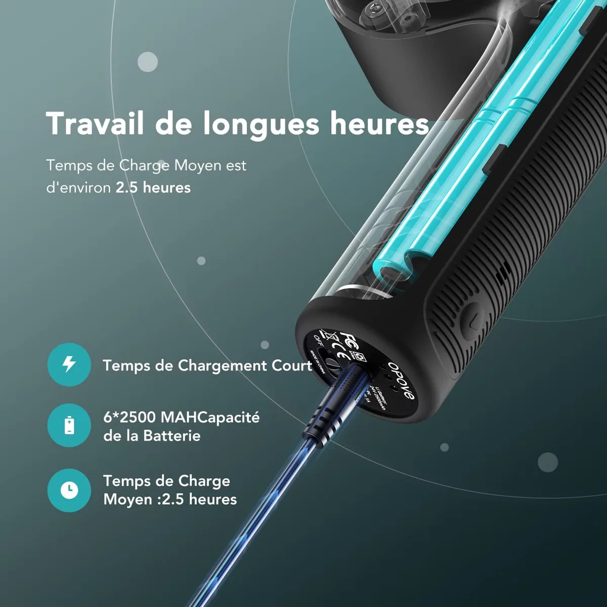 Batterie de 2500 mAh de l'Opove Apex, recharge en environ 2,5 heures