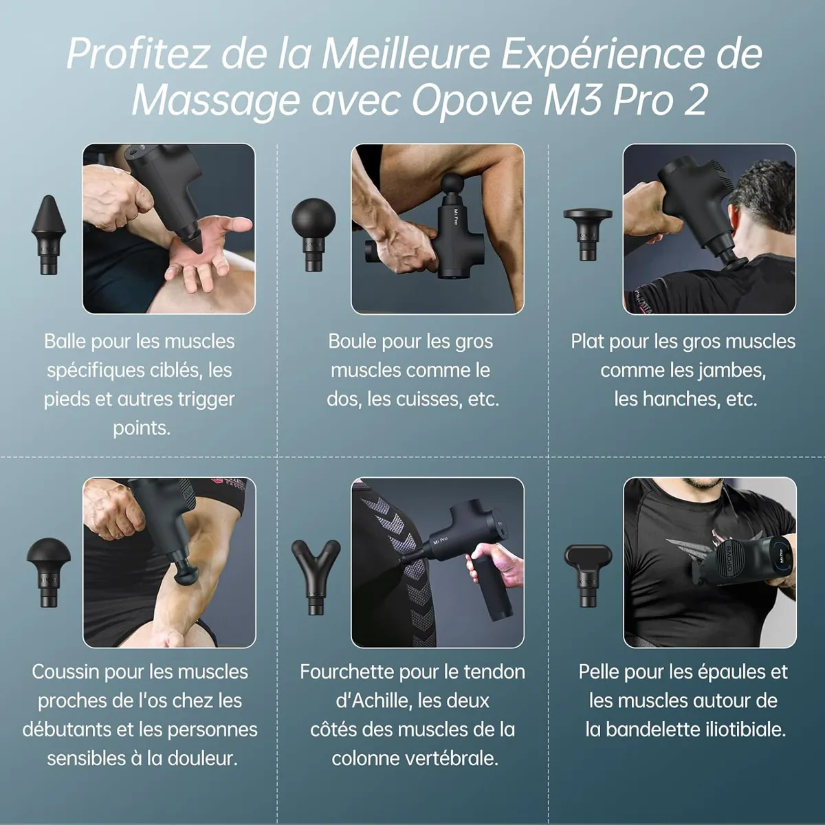 Les six embouts de l'Opove M3 Pro 2 avec leur usage : balle, boule, plat, coussin, fourchette et pelle