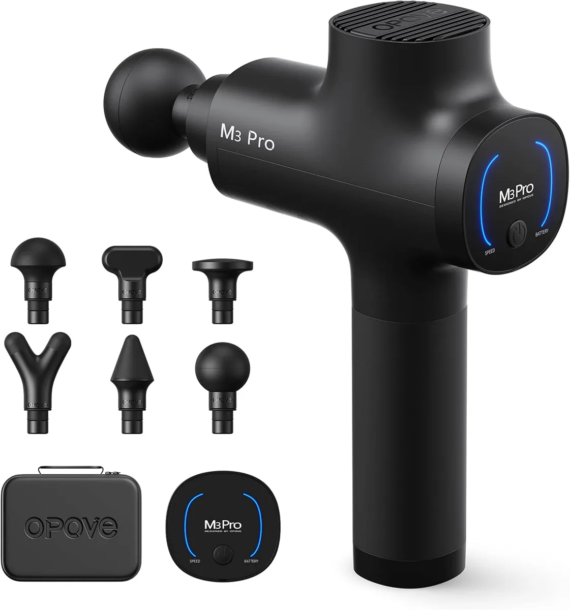 Pistolet de massage Opove M3 Pro 2 noir avec six embouts et mallette de transport