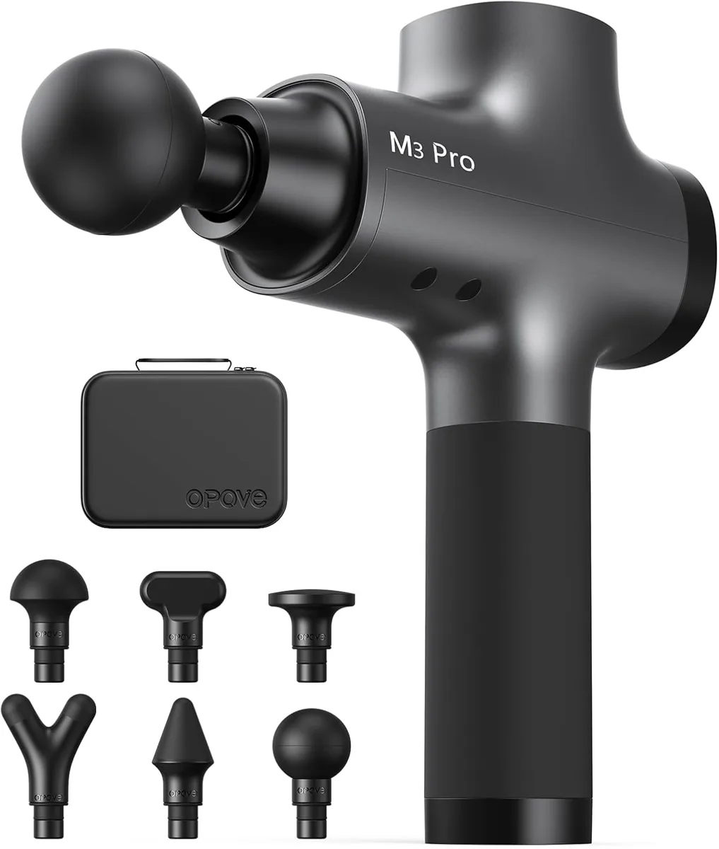 Pistolet de massage Opove M3 Pro 2 gris avec six embouts et mallette de transport
