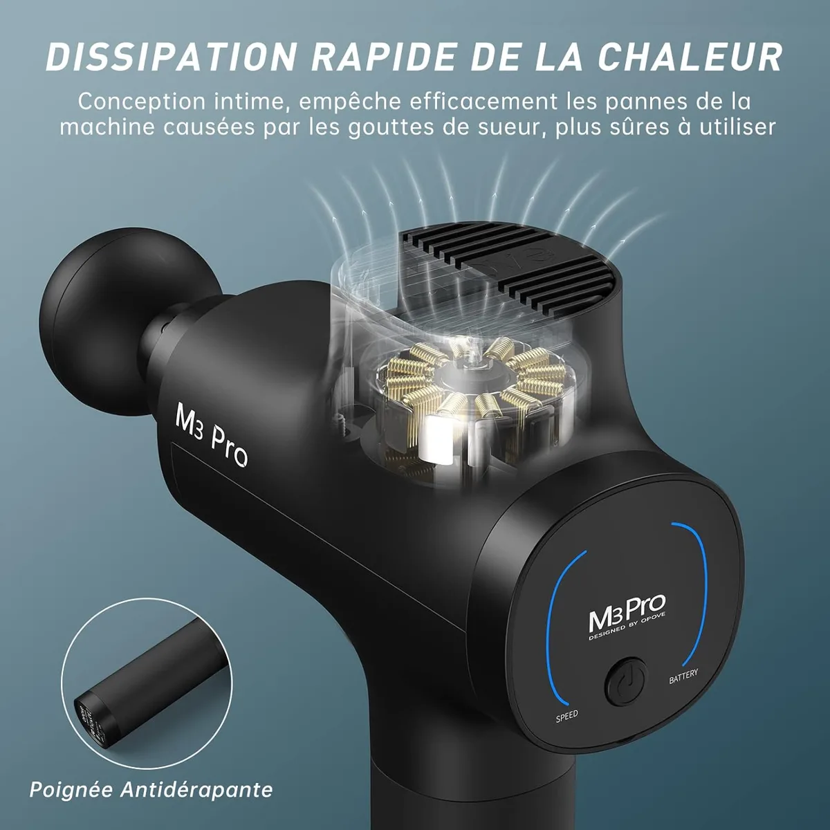 Aérations cachées et poignée antidérapante de l'Opove M3 Pro 2