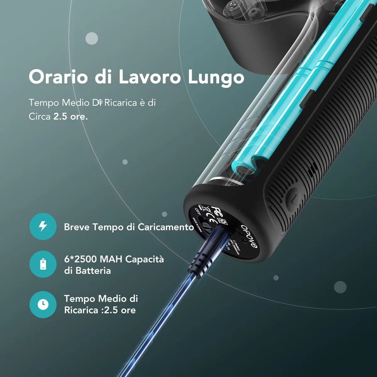 Batteria da 2500 mAh della Opove Apex, ricarica in circa 2,5 ore