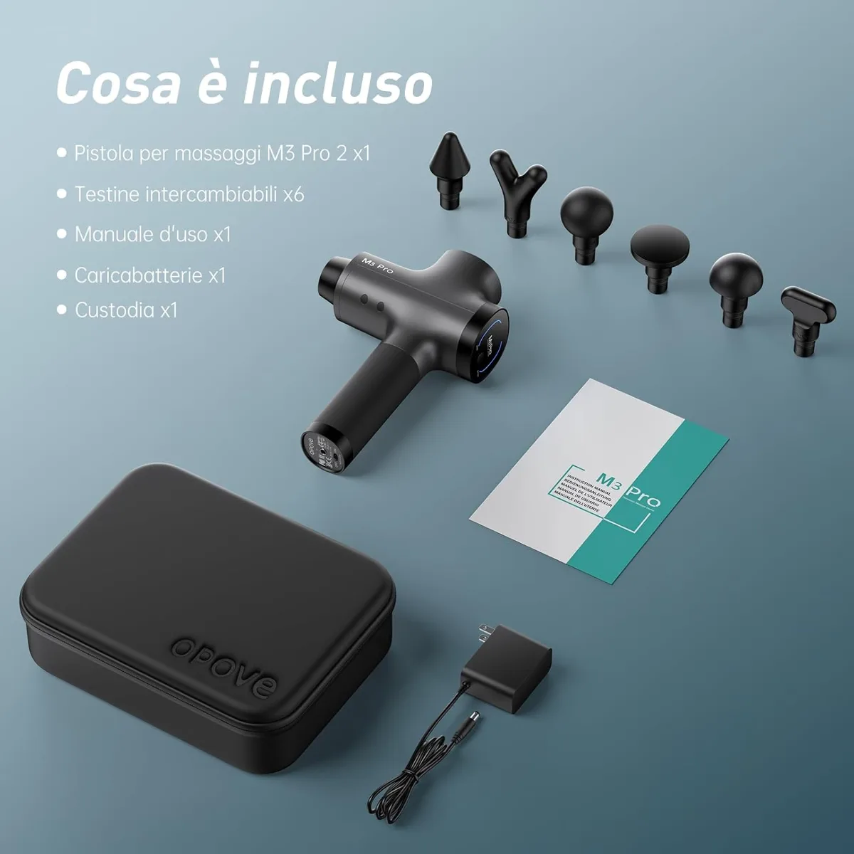 Contenuto della confezione della Opove M3 Pro 2: pistola, sei testine, manuale, custodia e caricabatterie